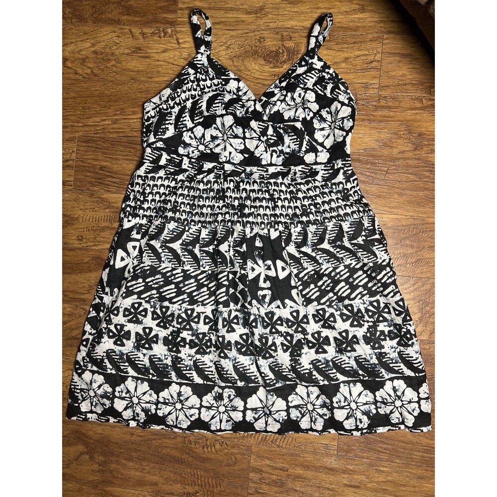 Merona Women's Fit and Flare 100% Linen Black/White Floral Print Dress size XXL